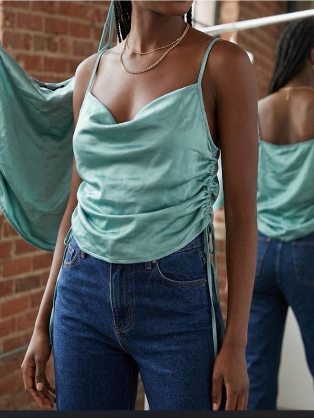 Forever 21 Satin Teal Cowl Neck Spaghetti-Strap Camisole